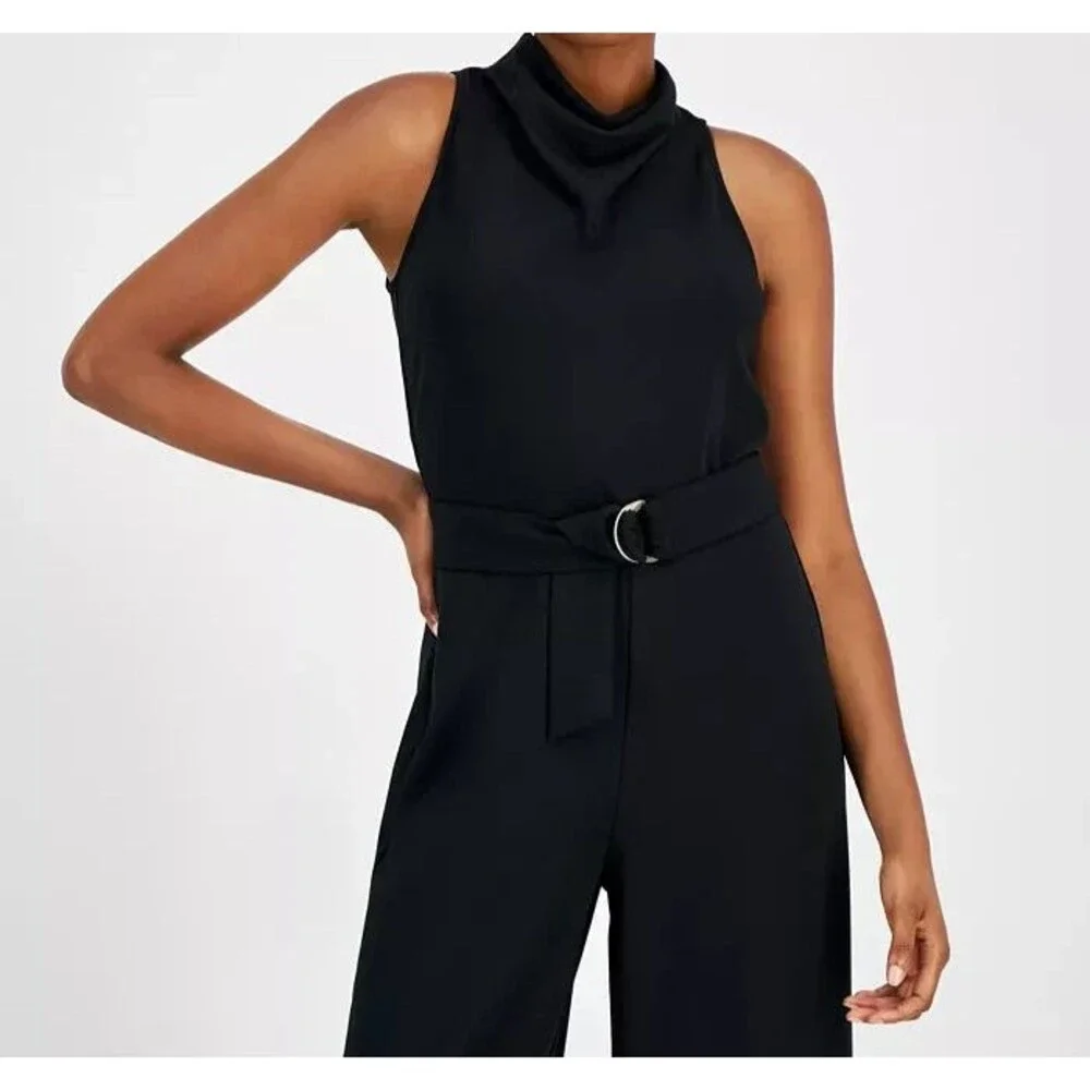 Anne Klein Women's Trendy Chic Cowlneck Wide-Leg Jumpsuit Deep Black 6 (NO BELT)